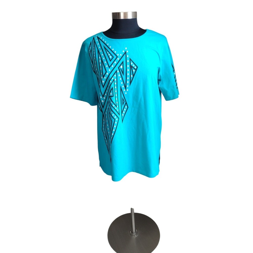 Bob Mackie Women's Med Geometric Graphic Design Turquoise Blue Black Tunic Top